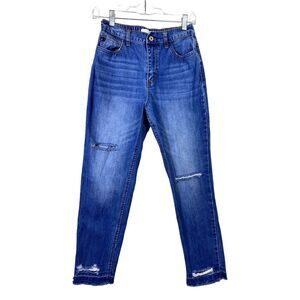 KanCan Jeans Womens 5/26 High‎ Rise Distressed Mom Denim Blue Elastic Waist